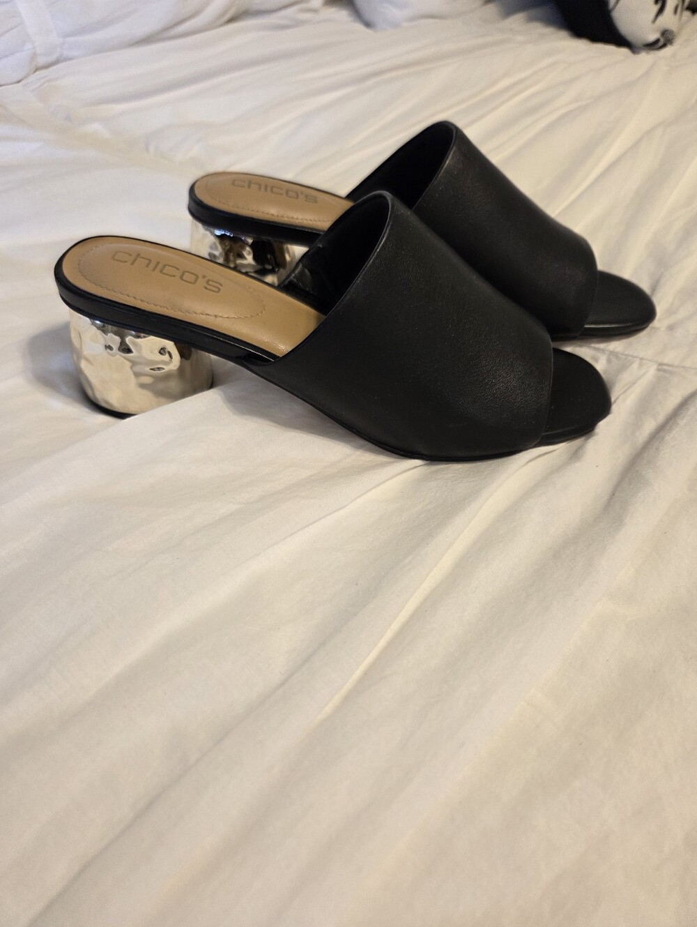 Chico's Black Open-Toe Leather Mules with Gold Sculpted Block Heel